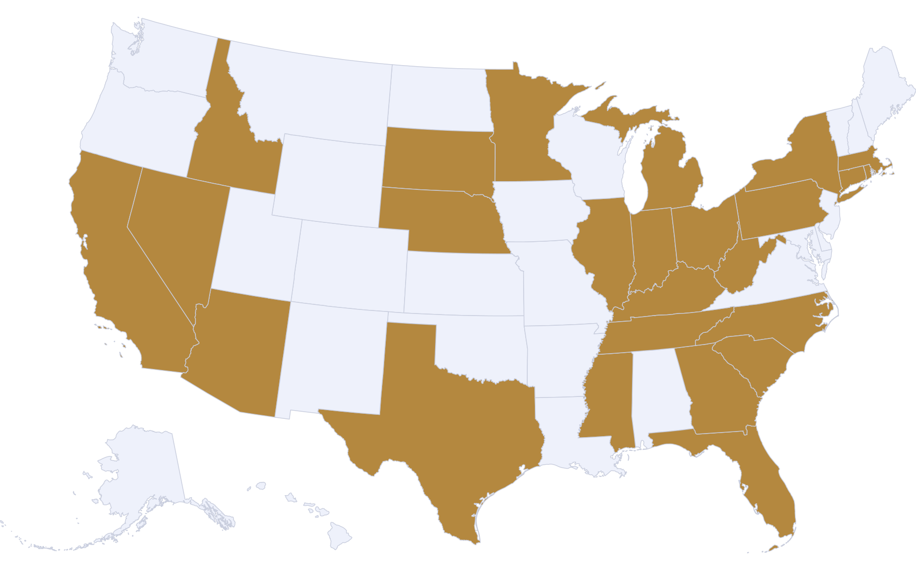 Map of the United States with the 25 states live in the app today marked in brass: California, Nevada, Idaho, Arizona, Texas, South Dakota, Nebraska, Minnesota, Illinois, Indiana, Michigan, Ohio, West Virginia, Kentucky, Mississippi, Tennessee, Pennsylvania, New York, Connecticut, Massachusetts, Rhode Island, North Carolina, South Carolina, Georgia, and Florida.
